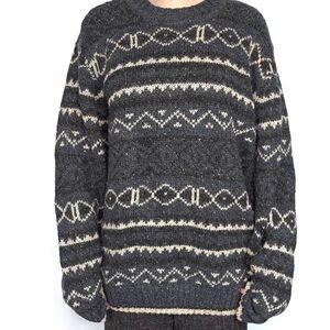 Vintage Wool Blend Gray Patterned Oversized Winter Crewneck Sweater